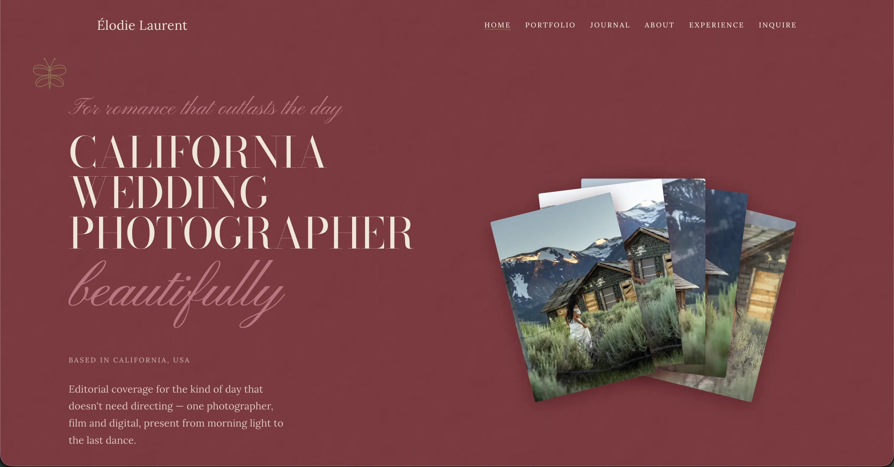 Margaux Beaumont wedding photography website template — burgundy editorial design for California wedding photographers